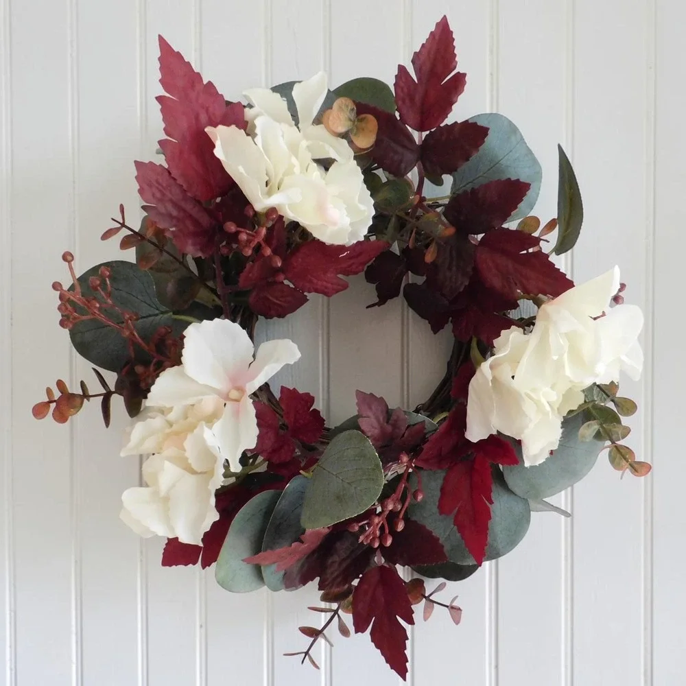 Mini Fall Candle Ring, Grapevine Wreath, Burgundy Leaves, Dried Look Hydrangeas